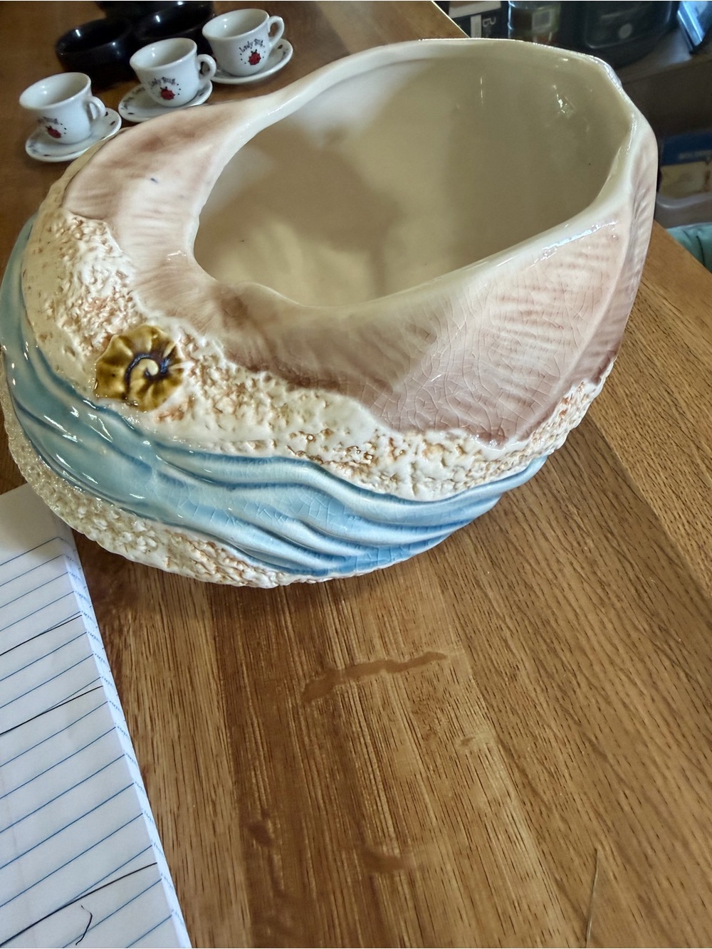 Seashell Ceramic Planter in Cream, Tan and Blue with star fish